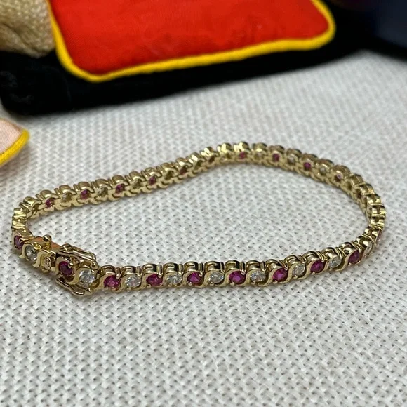Vintage Gold Over 925 Sterling Silver Ruby & CZ Tennis Bracelet - Picture 3 of 16